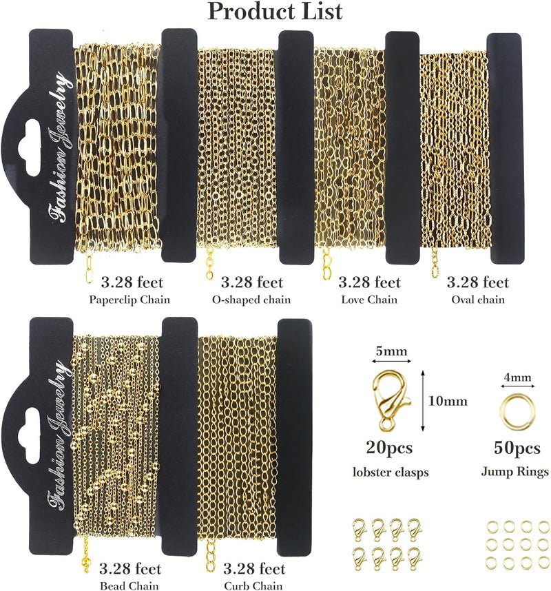 Ecoofor 14k Gold Necklace Chains for Jewelry Making, Total 20 Feet 6 Rolls Bracelet Chains for DIY, 3.3 Feet Each Style, 14K Gold Plated Chain with Jump Rings/Lobster Clasps/Connectors - Image 4